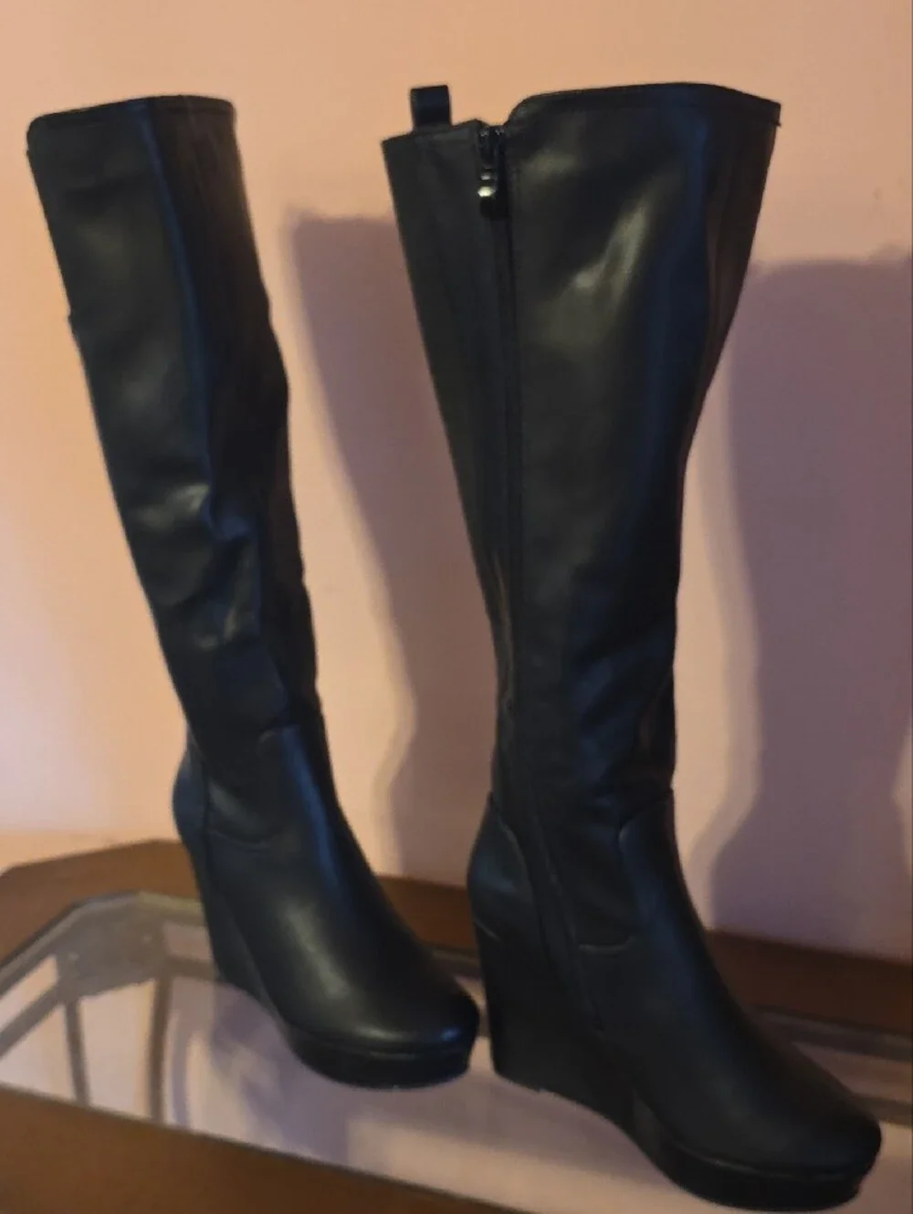 Classic Black Wedge Knee-High Boots - Women's Stylish Riding Boot